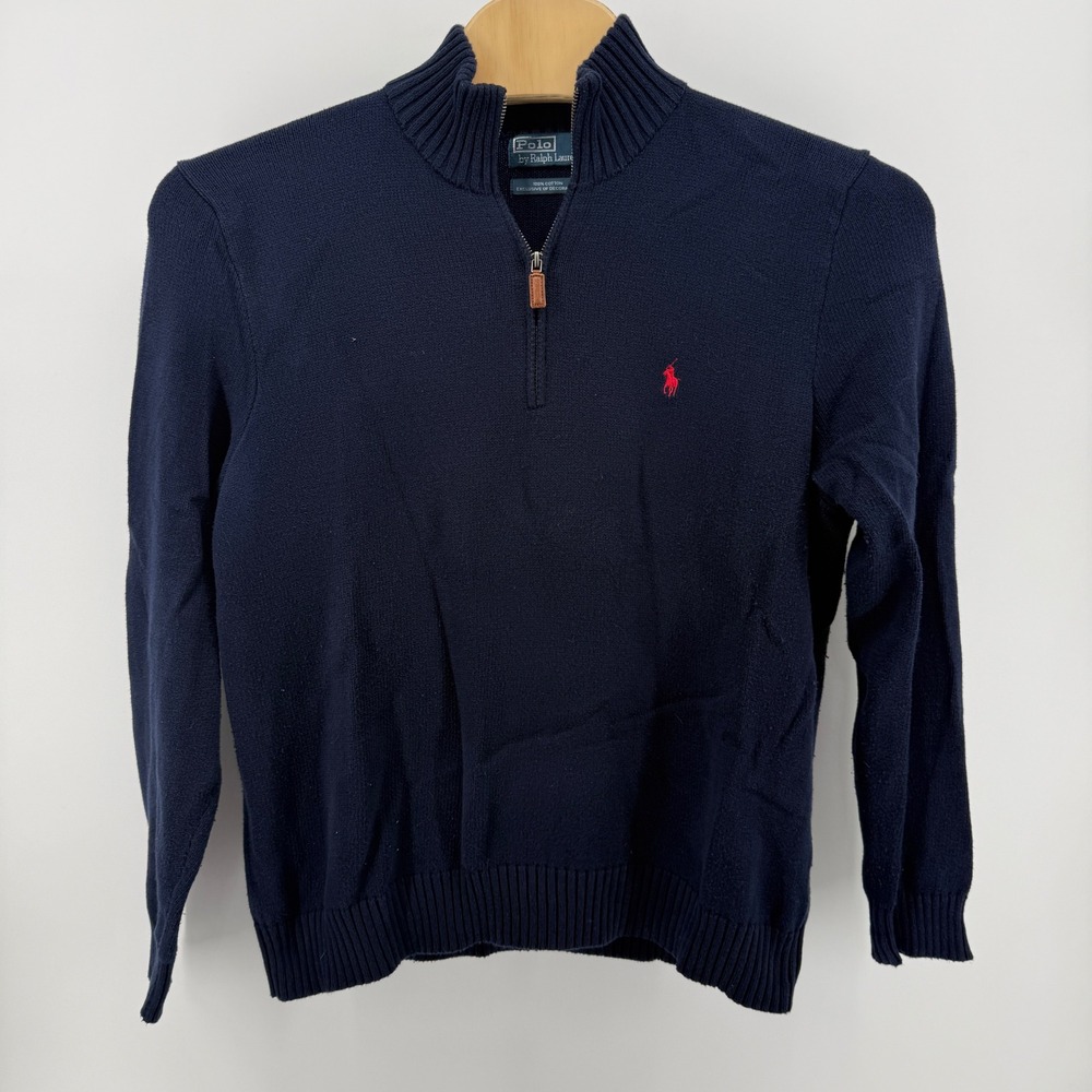 Vintage Polo Ralph Lauren Mens XL Navy Blue Knit Quarter Zip 100% Cotton